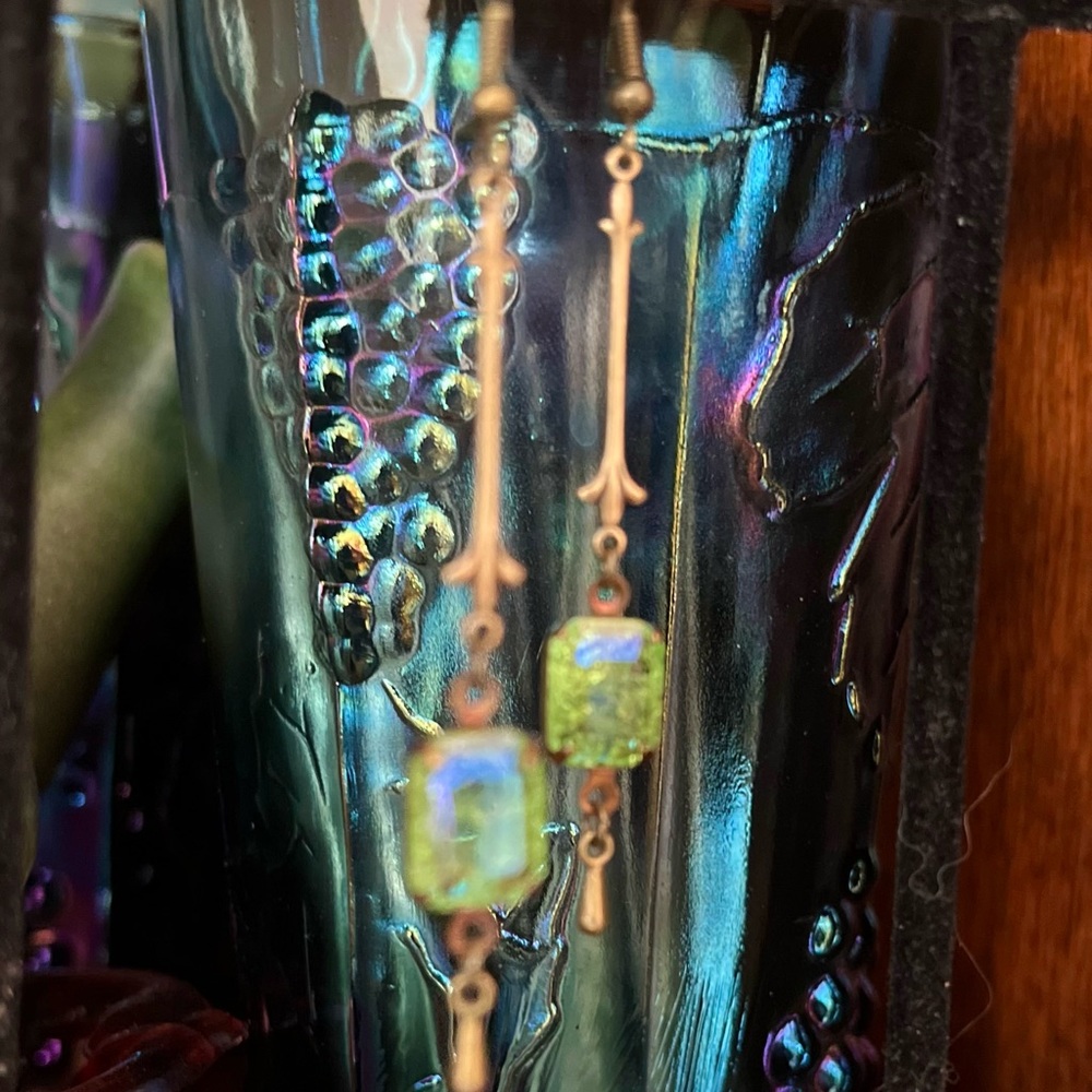 SOLD Peridot Green Crackle Glass Art Nouveau Earrings w a Glacier Blue Finish - Picture 2 of 15